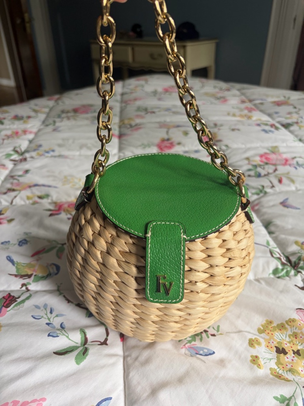 NWOT Francis Valentine honeypot green leather woven straw bag